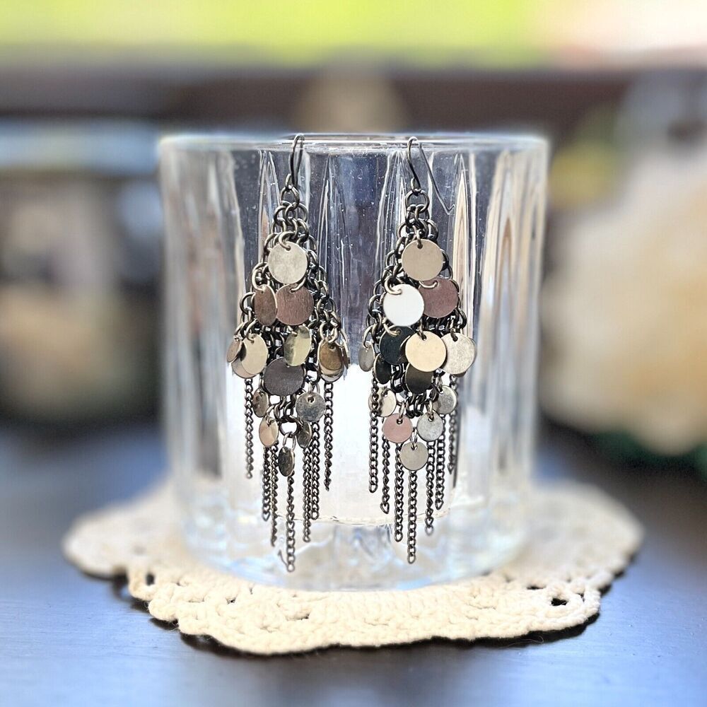 Chandelier Earrings Silver Tone Chain Tassel Stainless Steel Hooks Fringe Discs